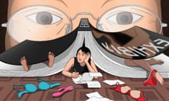 Illustration of person wearing black under a novel while big eyes with glasses loom in the back