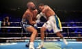 Oleksandr Usyk sends Tony Bellew reeling on the way to his victory over the Liverpudlian at the Manchester Arena.