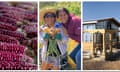 A collage of three side-by-side images shows several cobs of corn, two women holding fresh onions and a construction site.