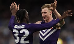 Josh Treacy of the Dockers celebrates a goal during the AFL match against Richmond