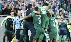 Ludogorets players and staff celebrate beating Roma.