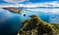 Island of the sun at lake Titicaca in Bolivia aerial panoramic view