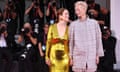 julianne moore looking fondly up at tilda swinton ahead of the venice premiere of almodovar's the room next door