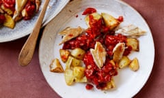 Tamal Ray’s quick roast potatoes with tomato sauce and smoked mackerel.