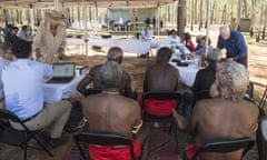 Bush courtroom scenes at Pitjamirra on Melville Island, Northern Territory, Monday, August 22, 2022. Traditional owners have given evidence to a bush court in song and dance in a bid to stop a massive Northern Territory offshore gas project. (AAP Image/Aaron Bunch) NO ARCHIVING