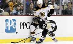 Boston Bruins defenseman Adam McQuaid and Pittsburgh Penguins center Sidney Crosby