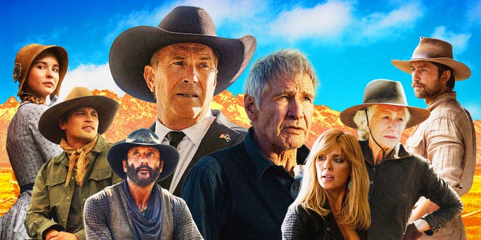 Members of the Dutton family from the Paramount shows Yellowstone, 1923, and 1883 are shown together in front of a bright blue sky. From left to right: Isabel May as Elsa Dutton, Darren Mann as Jack Dutton, Tim McGraw as James Dutton, Kevin Costner as John Dutton, Harrison Ford as Jacob Dutton, Kelly Reilly as Beth Dutton, Helen Mirren as Cara Dutton, and Brandon Sklenar as Spencer Dutton.