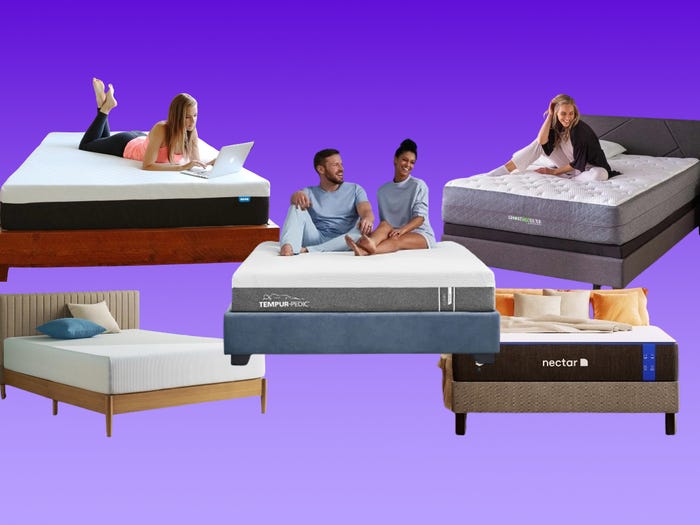 Five mattresses are displayed on a purple background.