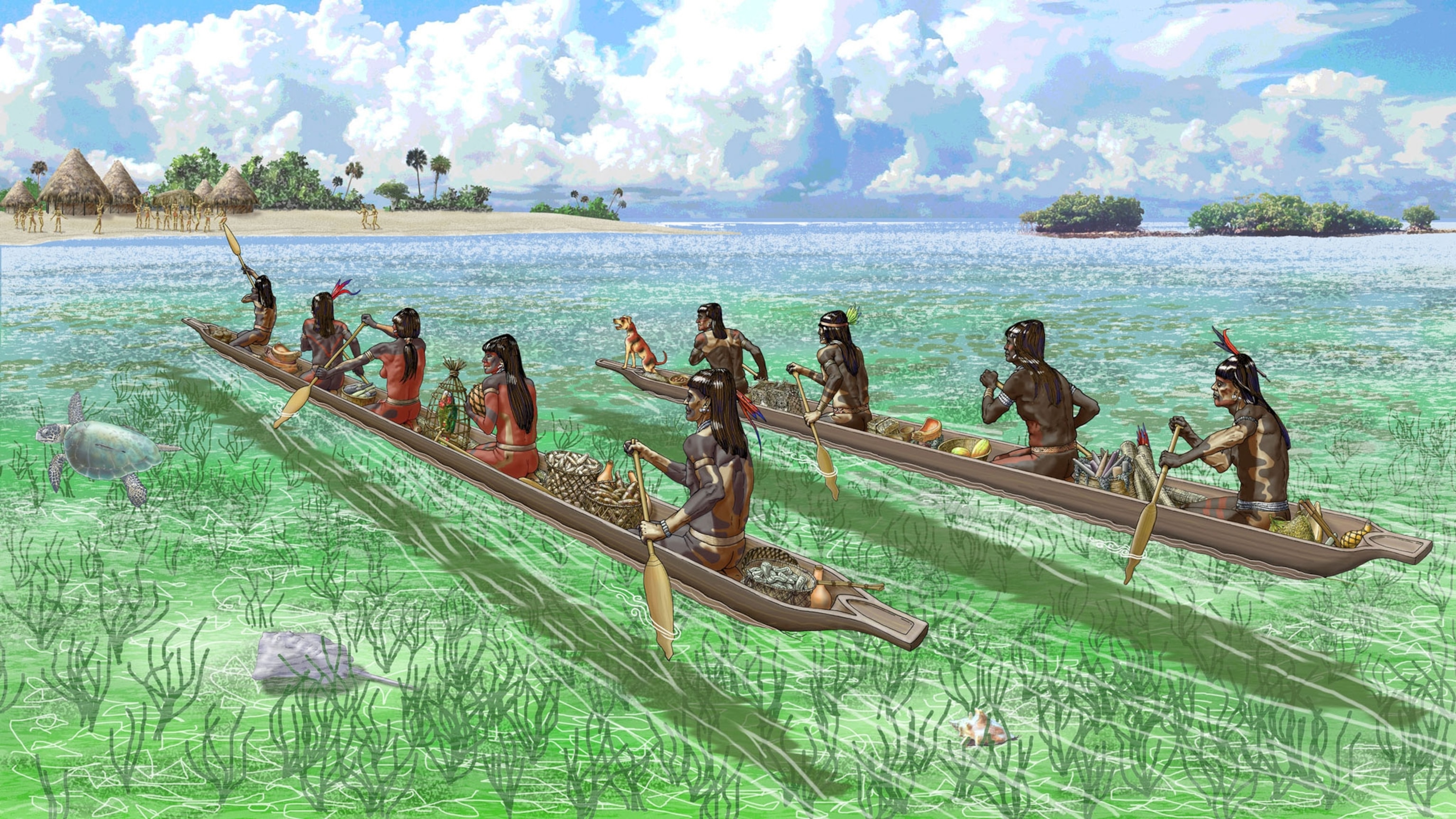 A painting of people on two long canoes rowing towards an island