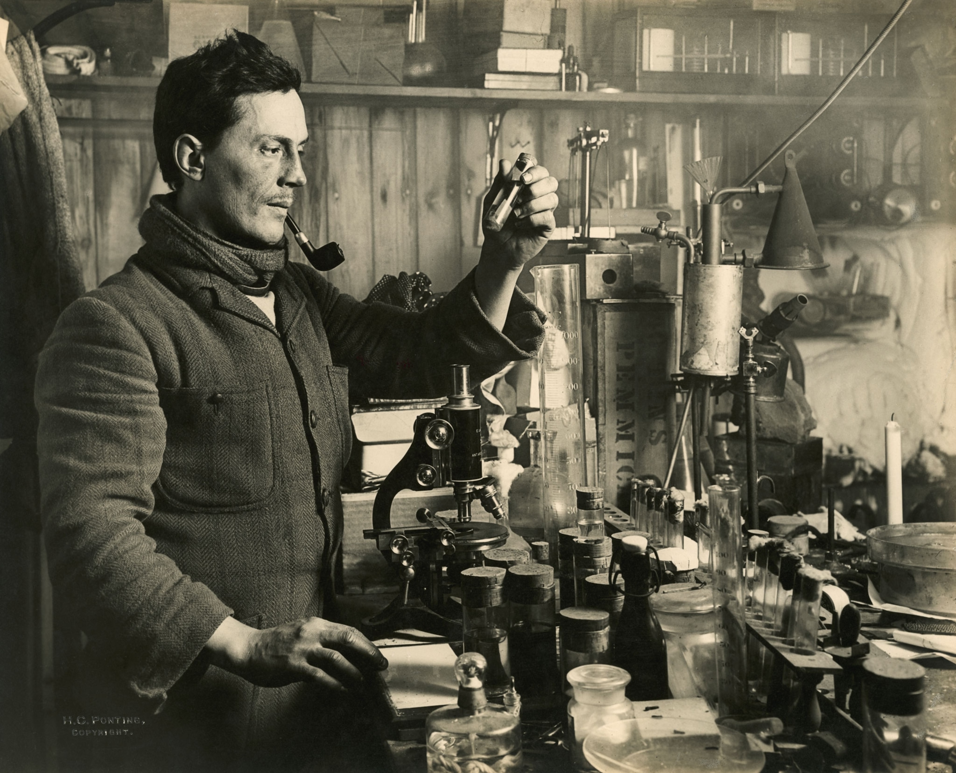 doctor Edward Atkinson in his lab during Captain Scott expedition