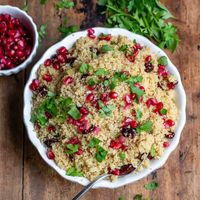 This easy Christmas Couscous is a festive recipe that brings together warm spices, dried cranberries, and bright pomegranate seeds in a 15-minute, no-fuss side dish. The holidays are my favorite time to lean into warm, comforting dishes that also bring a little sparkle to the table. This Christmas Couscous is just that: a festive side... Read More Christmas Couscous © Veggie Desserts.