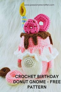 Donut birthday gnome- free crochet gnome pattern https://www.passionatecrafter.com/donut-birthday-gnome-free-crochet-gnome-pattern/