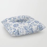 Botanicals in a circles. ferns, garden, leaf, botanic, white, blue, boho, white-blue. Floor Pillow