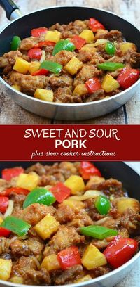 Sweet and sour Pork is a delightful dish made of crisp breaded pork cubes cooked in a sweet and sour sauce with bell peppers and pineapple chunks. Delicious over rice!