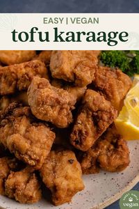 This Vegan Tofu Karaage recipe will absolutely blow your mind! It's seasoned to perfection, dredged in a simple breading, then double fried until golden and extra crispy. Serve alongside lemon, shredded cabbage and drizzle with vegan mayo for an umami flavor punch. No one will believe this Japanese fried "chicken" is made from plants.