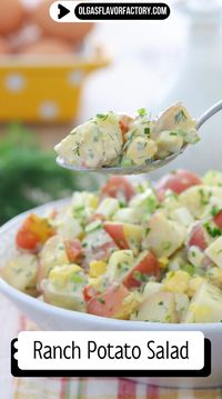 This Ranch potato salad is so flavorful, creamy and the homemade Ranch dressing makes the flavors really stand out. Made with potatoes, hard boiled eggs, celery, pickles, roasted pepper and lots of fresh herbs, it has both creamy and crunchy textures and is vibrant and colorful too .