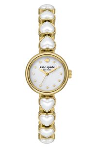 Add an elegant touch to any outfit with this chic round watch featuring a mother-of-pearl dial and a slim bracelet adorned with heart-shaped imitation pearls. 24mm case; 10mm band width Deployant clasp closure Three-hand quartz movement Mother-of-pearl dial Mineral crystal face Stainless steel with goldtone plate/imitation pearl Imported