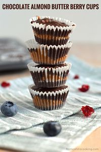 Chocolate Almond Butter Berry Cups topped with sea salt - no added sugar, no bake, dairy free, gluten free, paleo, raw, vegan, vegetarian.