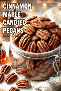 Sweet, crunchy Cinnamon Maple Candied Pecans, perfect for snacks, gifts, or holiday spreads.