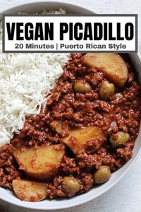 Puerto Rican-style picadillo! Made with tender potatoes, green Spanish olives, spices, and vegan "beef" crumbles! Packed with flavor and a great dinner meal to whip up in under 30 minutes!