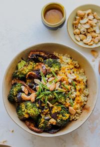 Roasted Veggie Quinoa Bowls with Miso-Turmeric Vinaigrette | Dishing Out Health