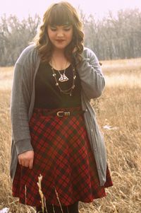 boundlessadventure:  Plaid and Christmas Skirt and Cardi: Torrid Tights and shirt: Target Lipstick: MAC (Russian Red) Necklace: Forever 21