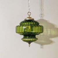 Vintage Green Glass Falkenstein Hanging Light Swag Lamp Retro Diffuser Globe Mid Century Plug-In Rewired. Green Glass. Not Flashed. 19" Height (W/ Finials) 38" Circumference 4 Ft Chain And 12 Ft Cord Note : Vintage Items May Contain Imperfections, Dirt Or Other Signs Of Wear. They Are Antiques, After All!