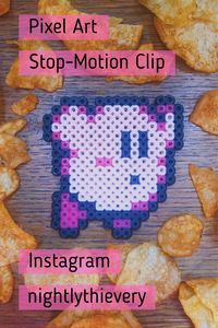 Short stop-motion clip on Instagram Reels in the style of TikTok. Kirby from Nintendo's classic retro video game Kirby's Dreamland is having a go at my snack stash. Visit the link to watch the clip on Instagram. You can find the free pixelart pattern for Kirby on my Instagram page or on my Pixel Art boards here on Pinterest. Please save this pin if my clip made you smile. #pixelart #diy #stopmotion #videogames