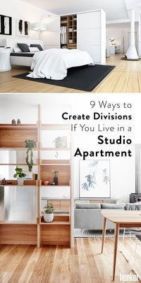 Install a temporary partition,  use bookcases or open shelving units, and more! There is a ton of great ways to make a studio apartment feel bigger and more compartmentalized!