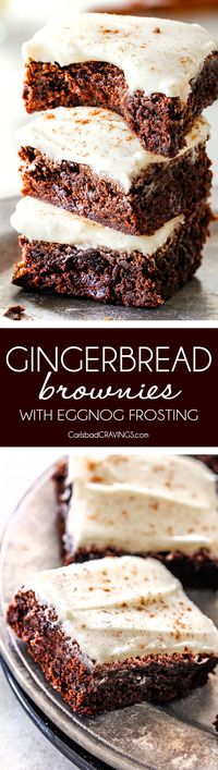 These soft and chewy Gingerbread Brownies are our family's new favorite holiday treat! And the luscious Eggnog Cream Cheese Frosting is incredible! I put it on everything!