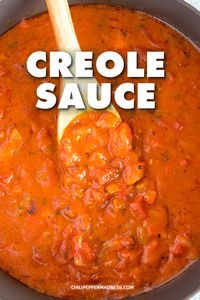 This homemade Creole sauce recipe is versatile, zesty, and very easy to make. It' starts with a roux, lots of vegetables and seasonings, and tomatoes. Make it mild or spicy. #CajunCooking #SauceRecipe