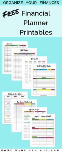 Need to get your finances organized? Try these free printables to help get your finances in order. | financial planning printable | includes personal goal setting, budget, bill and debt trackers | account pages | and tax deductible pages | use these to help pay off debt and save money | #financialplanner #printable #free #savemoney