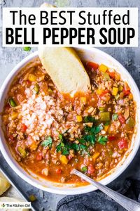 The best stuffed bell pepper soup has all the flavors of stuffed peppers in a comforting bowl without the tedious work. Savory beef, tomatoes, bell peppers, and rice make it the ultimate cozy meal!