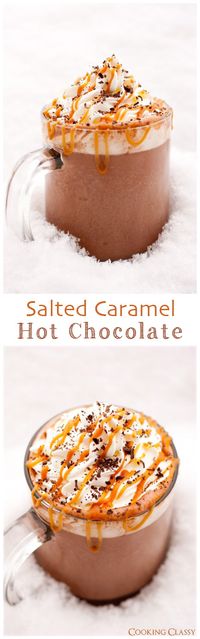 Salted Caramel Hot Chocolate - this is basically the BEST hot chocolate ever!! Chocolate and milk are melted together with tons of salted caramel.