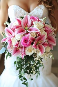 Looking for wedding bouquet ideas? Consider lilies in your design, highlighting the vibrant beauty of stargazer and tiger lilies. Incorporate pink and orange tones with white easter lilies for an elegant yet simple aesthetic. These beautiful arrangements provide a rustic touch, perfect for a wedding that exudes timeless charm and sophistication.