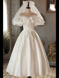 10% off now|Free shipping world-wide. Retro Tea Length Satin Cute Off Shoulder Wedding Dress with Bows at GemGrace. Click to learn our pro custom-made service for wedding dress, formal dress. View #TeaLengthWeddingDresses for more ideas.