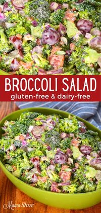 You'll love this easy to make broccoli salad with grapes. With red onions and bacon added this salad is bursting with flavor. Healthy and delicious! Gluten-free and dairy-free. #broccolisalad #broccolisaladwithgrapes #broccoliwithbacon #glutenfreedairyfree