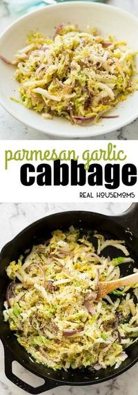 Parmesan Garlic Cabbage is a fabulous way to turn a cabbage into a side dish so tasty that even cabbage-haters will scarf this down! via @realhousemoms