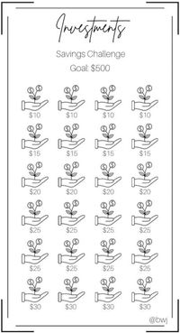 Investment Savings Mini Challenge is here! It's never too late to save for your future. To help jump start you journey try this investment mini challenge. Each icon is worth a certain dollar amount, color in or cross off to track your progress. Once you have completed the challenge, you will have $500 to go towards your investments! Yay!! *FREE GIFT INCLUDED Printing Information: *Digital Download  *This is printed on 8.5 x 11 inch US letter size paper  *Once printed, cut & place in an A7 envelope  * 4.5 X 2.5 inches after cutting *Color will vary depending on ink and printer Disclaimer: This is a PDF Digital Download. No physical product will be mailed to you. Digital Download will be available once payment has been confirmed and purchase has been completed. This printable is for personal