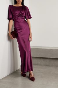 EXCLUSIVE AT NET-A-PORTER. You won't regret adding Saloni's 'Winona' gown to your evening repertoire - the modest, elegant design ensures you'll feel confident no matter the event. It's made from hammered silk-satin in a pretty 'Wine' shade and has fluttering sleeves and a V-shaped back. Wear it with tonal heels or flats.