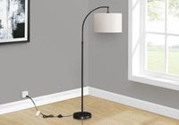 Brighten up your space with this sleek and stylish 65"h arc floor lamp in black metal topped with a chic ivory drum shade. Holding up to a 100W standard bulb (not included) and a convenient on/off foot switch, this contemporary lamp is the perfect functional and decorative lighting piece to brighten a living room, bedroom, or office. The elegant arched arm holding the fabric shade softens the light, helping to illuminate a corner and create the right ambiance, as well as an eye-catching accent for any room. Made with quality materials, this metal arc lamp includes a 2 year limited warranty against defects for your comfort. Brighten your space with this contemporary and trendy 65"H tall arc floor lamp with a sleek black metal finish and a sophisticated ivory drum shade. Holds up to a 100W b