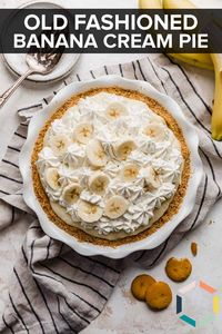 This Old Fashioned Banana Cream Pie is made with a Nilla wafer pie crust, topped with slices of fresh bananas, filled with a smooth, creamy, and dreamy banana cream pie custard filling and then topped with fresh whipped cream and decorated with banana slices! It’s the perfect homemade banana cream pie recipe with incredible texture and flavor.