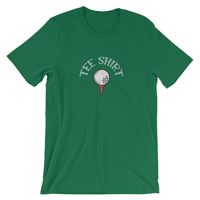 This funny t-shirt says "Tee Shirt" in country club text with an illustration of a golf ball on a red golf tee. A great gift for any golfer who likes puns. Perfect outfit for hitting the links, hanging out at the clubhouse, or practicing at driving range. Whether you drive a golf cart or walk the greens, this tee is perfect for all 18 holes of a golf game. Amuse you foursome with this cute golf shirt.  This t-shirt is everything you've dreamed of and more. It feels soft and lightweight, with the