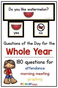 Question of the day graphing questions for the entire year! Perfect for preschool, kindergarten and first grade. Use for attendance, morning meeting, graphing and more. These questions use sight words to make the perfect for beginning readers. #preschool #kindergarten #questionsoftheday