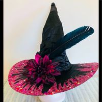 Pictured Black, Which Dress And Hat Is The Same Hat As This Original Design Artisan Versatile Multistyling Option Brim Feather And Flower May Be Placed As Desired Or Not Used At All Clip On 18" Tall & Wide Crinkle Satin Crown Scrunchies Down If You Like, On 5 1/4 Inch Deep Wired Brim Fold Up Or Shape As Desired. Covered Completely Underneath With Pink Tone Sparkles And Feathering Around Edge Of Brim On Top. Will Include A Matching Pink Glitter Clip Not Shown. Lightweight. New No Damage Non-Smoke