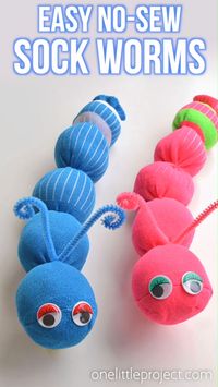 These no-sew sock worms are SO EASY to make and the kids love them! Or maybe they're sock caterpillars? Either way, this is such a fun kids craft and it's easy enough that the kids can actually make it themselves. It takes less than 10 minutes to make each one using just a few simple supplies from the dollar store. Such a fun way to use those mismatched socks!