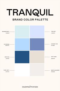 This is a peaceful and soft set of colors for a Tranquil brand color palette. Includes pairing guide, contrast scores for color and vision accessibility, color names, and hex codes.