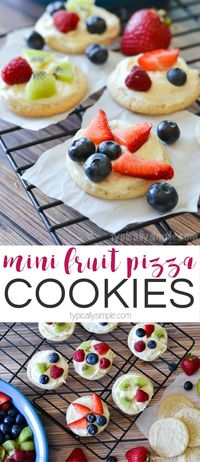 A simple dessert that only requires a few ingredients, these mini fruit pizza cookies are a delicious treat to make with the kids!