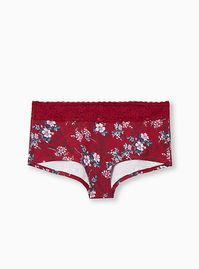 A boyshort panty cut from breathable, stretchy cotton has a wide lace trim and a coverage-providing fit that’s undeniably comfortable. Full coverage. Wide lace waistband. Shell: cotton/spandex; lace: nylon/spandex. Wash cold; dry low. Imported plus size underwear. The best plus size women's red floral wide lace cotton boyshort panty panties in new victorian floral made of cotton/spandex. Rock your look from Torrid to Festivals like Coachella and Lollapalooza, a concert, a show, or just for fun!