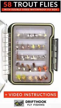 • 58 hand-tied flies—Emergers and Dry Flies • Double-sided waterproof fly box • Free shipping • Lifetime access to Drifthook Members Portal packed full of videos and instructional guides on how to use your flies to catch more trout! • 100% satisfaction guarantee  This fly fishing kit includes a heavy-duty, double-sided waterproof fly box containing 58 hand-tied Emerger and Dry flies, plus unlimited lifetime access to Drifthook’s exclusive tutorials, downloads, and videos.